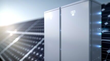 A detailed close-up of a smart home energy system, showing integrated solar panels and battery storage, high-resolution photo, realistic photo, cinematography, hyper realistic