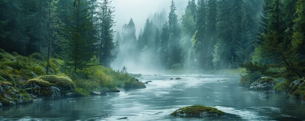 A tranquil river winding through a dense, misty forest.