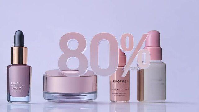 The percentage is “80%” against the background of cosmetics in pastel colors.
Concept: Sale promotions and discounts on skin care.