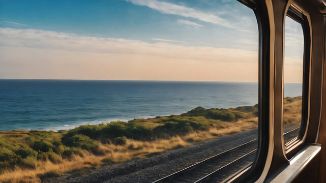 Fototapeta A sea view from a train window with a beautiful sea view, the feeling of moving in the picture. Generative AI