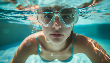 Naklejka premium Beautiful young woman swimming in pool, underwater view