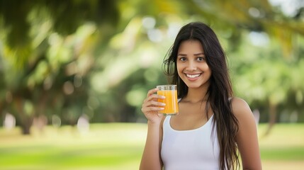 Indian woman smiling and holding glass of orange juice with blurred background, cheerful and refreshing, vibrant drink, happy expression