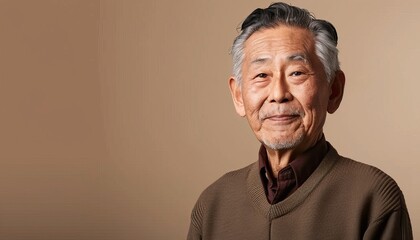 Obraz premium portrait of senior Asian man 70 year old with sweater on beige background, adult male portrait