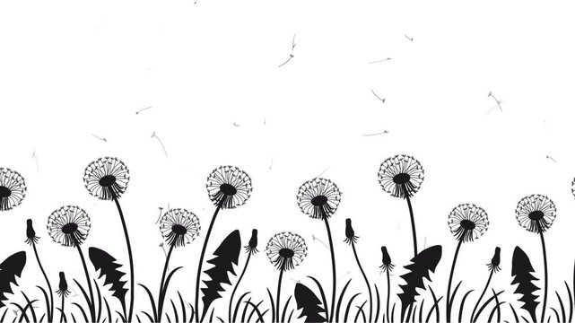 Dandelions. Animation. Black Silhouettes of Dandelion Flowers on White Background. Dandelions Seeds Blowing in Wind. Spring Moving Background. Calming Video