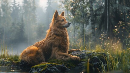 Relaxing Summer Evening by the Campfire with a Majestic Brown Dog. Pet-Friendly Camping Site for an Unforgettable Experience.