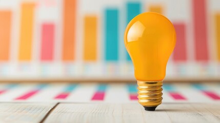 Bright yellow light bulb on wooden surface with colorful bar charts in background, representing creativity and innovative ideas.