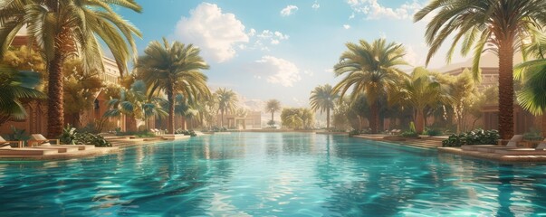 Fototapeta premium A desert oasis with palm trees and a shimmering pool.