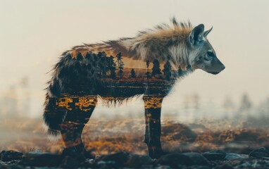 Double exposure image of a hyena blending with a serene landscape, creating a mesmerizing fusion of nature and wildlife art.