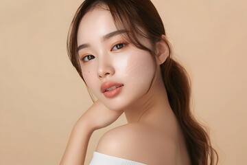 Beautiful young asian woman with clean fresh skin on beige background, Face care, Facial treatment, Cosmetology, beauty and spa, Asian women portrait.
