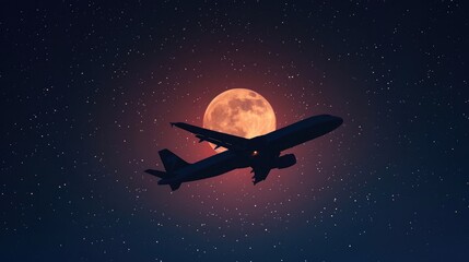 Silhouette of an airplane soaring at night against a captivating full moon backdrop, surrounded by a starry sky, depicting travel and adventure.