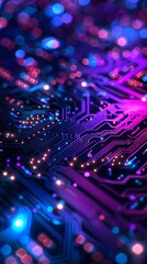 Fototapeta premium Futuristic Enlightening Circuit Board Neon Glow Technology Closeup AI Generated