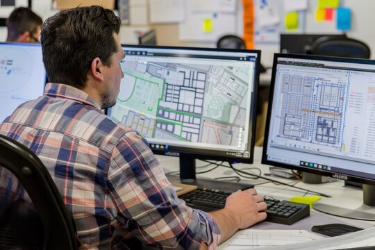 architect review blueprint at office