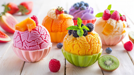 Fun and whimsical presentation ideas, like ice cream served in fruit shells, ice cream sandwiches, or colorful ice cream cakes.