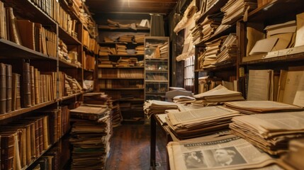 Fototapeta premium A newspaper archive room with shelves filled with old newspapers and periodicals,