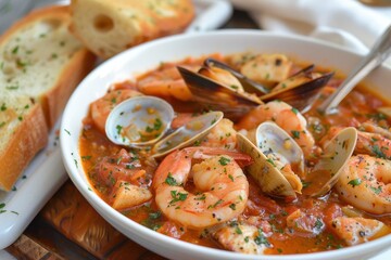 A bowl of cioppino, an Italian-American seafood stew with crab, clams, shrimp, and fish in a tomato broth, served with garlic bread.