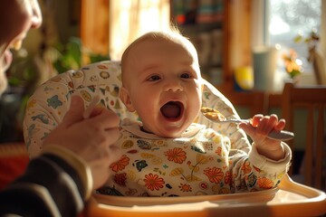 baby's first feeding. The chubby baby sits in a high chair, mouth open in anticipation of the spoonful of food
