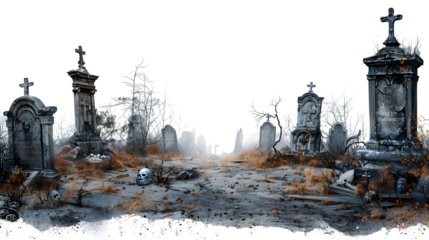 Halloween themed cemeteries, spooky graveyard scenes, eerie Halloween settings, haunted cemetery decorations, festive Halloween graveyards, spooky outdoor Halloween decor, png file, isolated on white