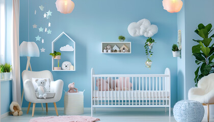 Stylish baby room interior design with house shaped shelves