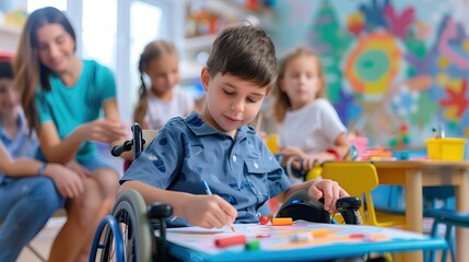 One child in a wheelchair is drawing on a large sheet of paper, while others are involved in sensory games