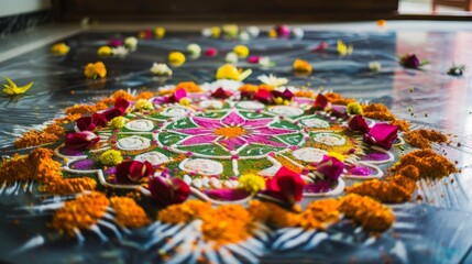Colorful Rangoli Design with Flowers