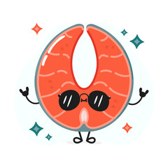 Red fish salmon character. Hello summer card. Vector hand drawn cartoon kawaii character illustration icon. Isolated on white background Red fish salmon character concept