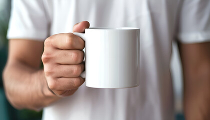 Man holding white mug indoors, closeup. Mockup for design
