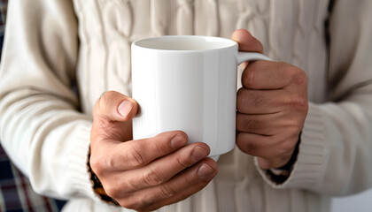 Man holding white mug indoors, closeup. Mockup for design