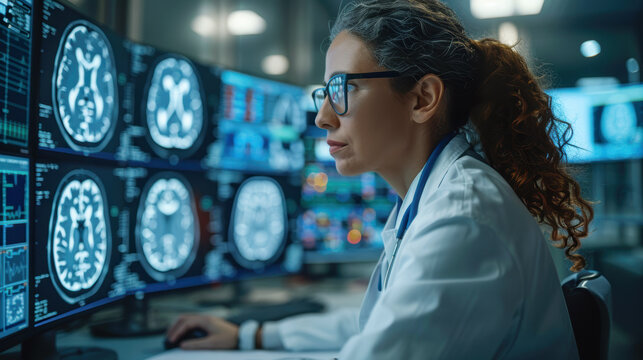 Caucasian woman doctor and scientist is researching data on computer in technology science laboratory - Powered by Adobe