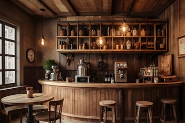 Fototapeta premium Interior design of cafe with wooden vintage style, decorated with warm and cozy tones, relaxing tones with classic old wood round corner counter and coffee machinery.