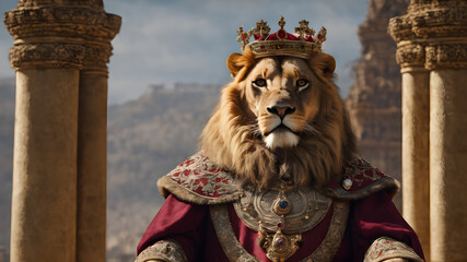 Obraz premium Noble lion wearing a king's outfit and a crown. Generative AI