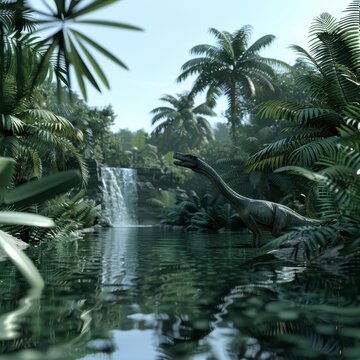Parasaurolophus near a waterfall surrounded by lush greenery, serene and realistic, [Dinosaur], [Mesozoic Serenity]