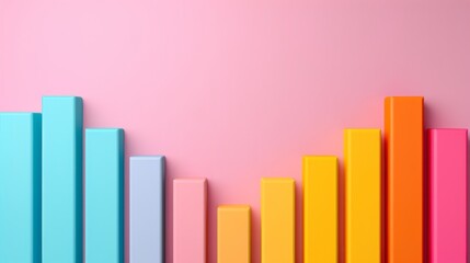 Colorful 3D bar chart illustration on a pink background, representing data analysis, growth, and business statistics.