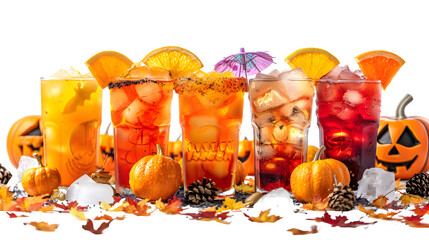 Halloween themed drinks, spooky cocktail creations, festive Halloween beverages, eerie drink presentations, holiday-themed cocktails, Halloween party drinks, png file, isolated on white
