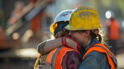 Obraz premium Construction workers wearing hard hats and safety vests embracing each other at a construction site 