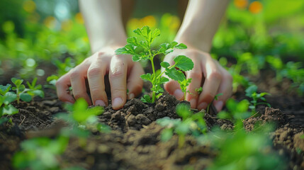 Hands planting a young seedling in a community garden, symbolizing growth, sustainability, and community engagement in environmental conservation efforts.