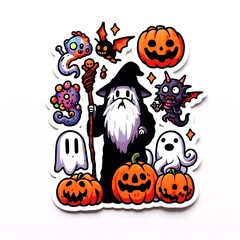 A sticker of a wizard holding a wand and surrounded by Halloween decorations