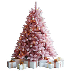 Pink christmas pine tree with colorful balls and gift boxes for clip art element object. Celebration on Christmas holiday