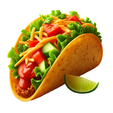 recommend clip art: Taco traditional Mexican dish, tortilla with veggies and meat, Mexican street food, isolated on transparent background PNG Image
