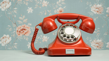 Vintage Red Rotary Phone with Floral Wallpaper Background