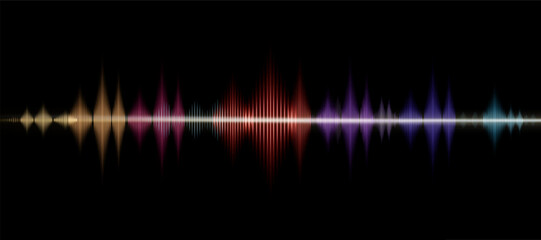 Digital Sound Wave in Neon light Design on black background,Vector Illustration,Technology wave futuristic abstract of dynamic music visualization, Design for music industry in multicolour