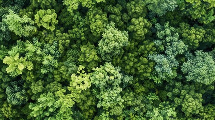 Naklejka premium An aerial view of a forest, highlighting the rainforest ecosystem and a healthy environment. The texture of the green tree canopy is visible from above.