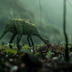 Maiasaura tending to its nest in a forest clearing, beautifully realistic, [Dinosaur], [Dinosaur Parenting]