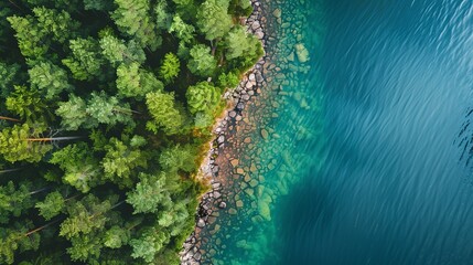 An aerial view of a blue lake with a stony shore and green woods, including pine trees, in summer in Finland.