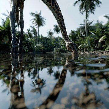 Camarasaurus drinking from a river with lush surroundings, stunningly lifelike, [Dinosaur], [Jurassic Hydration]