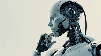 Fototapeta premium Thinking Robot Description: Futuristic robot with mechanical features in a thoughtful pose.