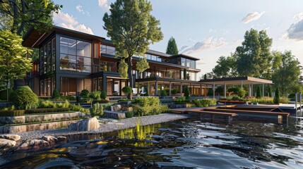 A grand lakeside property with a modern architectural style