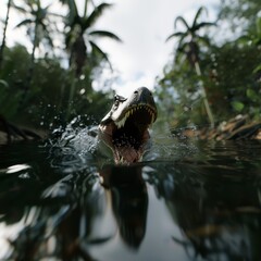 Baryonyx fishing in a dense riverbank area, dynamic and realistic, [Dinosaur], [Dinosaur Fishing]