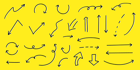 ベクターのペンの手書きの矢印セット 白黒 黄色背景