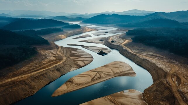 An aerial view of a river with placer mining operations, showing dredges and sediment piles, high-resolution photo, realistic photo, cinematography, hyper realistic