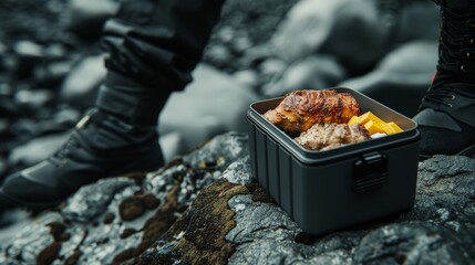 A detailed shot of a miner's lunchbox with food and drink, resting on a rock, high-resolution photo, realistic photo, cinematography, hyper realistic